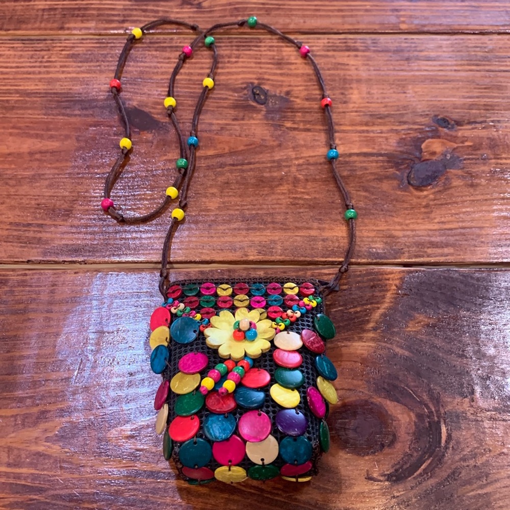 Vintage Brown Multi-Colored Beaded Flower Crossbody